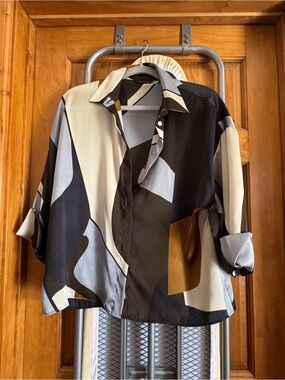 Zara Abstract Colorblock Button-Down Shirt - Black, Cream & Blue-Gray